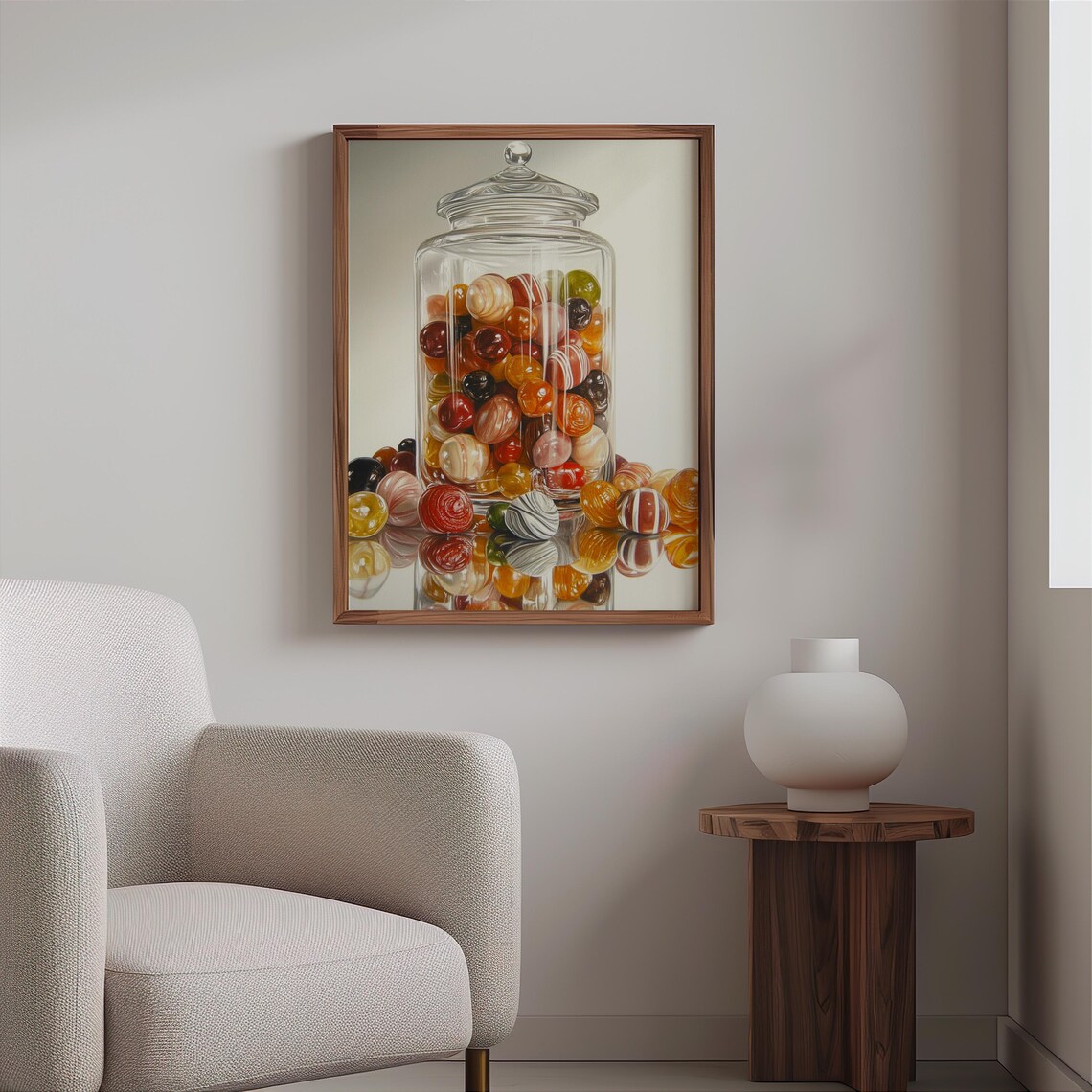 Swirled Glass Marbles Jar Spilling Still Life Photorealism Poster - Image 2