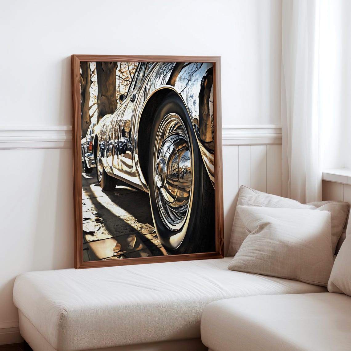 Chrome Wheel Fender Close Up Tree Reflection Classic Car Poster