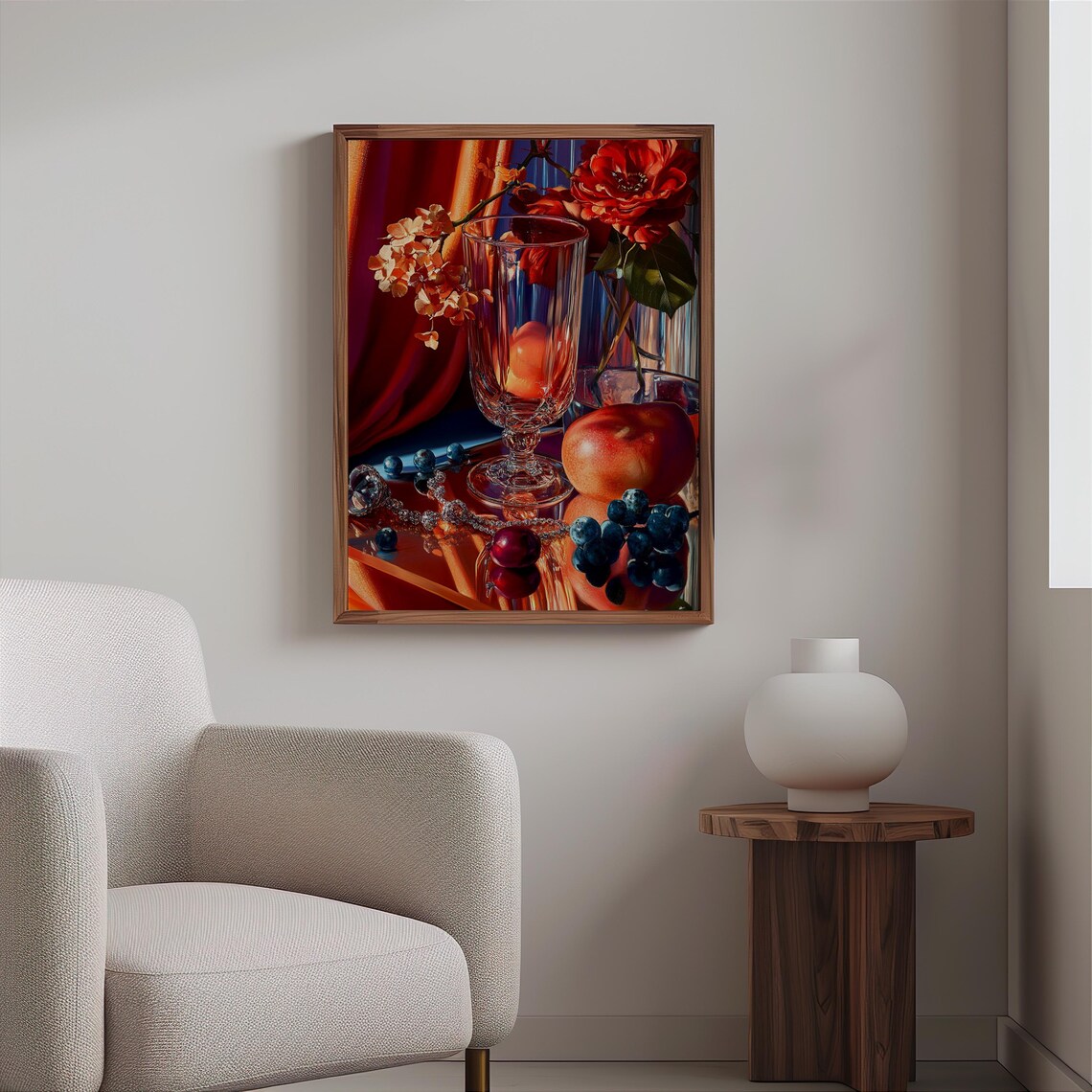 Cut Glass Goblet Red Flowers Nectarine Photorealism Still Life Poster - Image 2