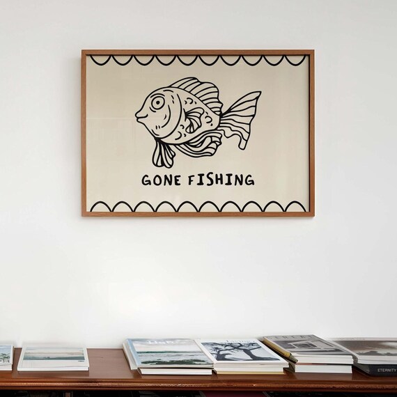 Gone Fishing Cute Fish Doodle Retro Kitchen Beach Wall Poster