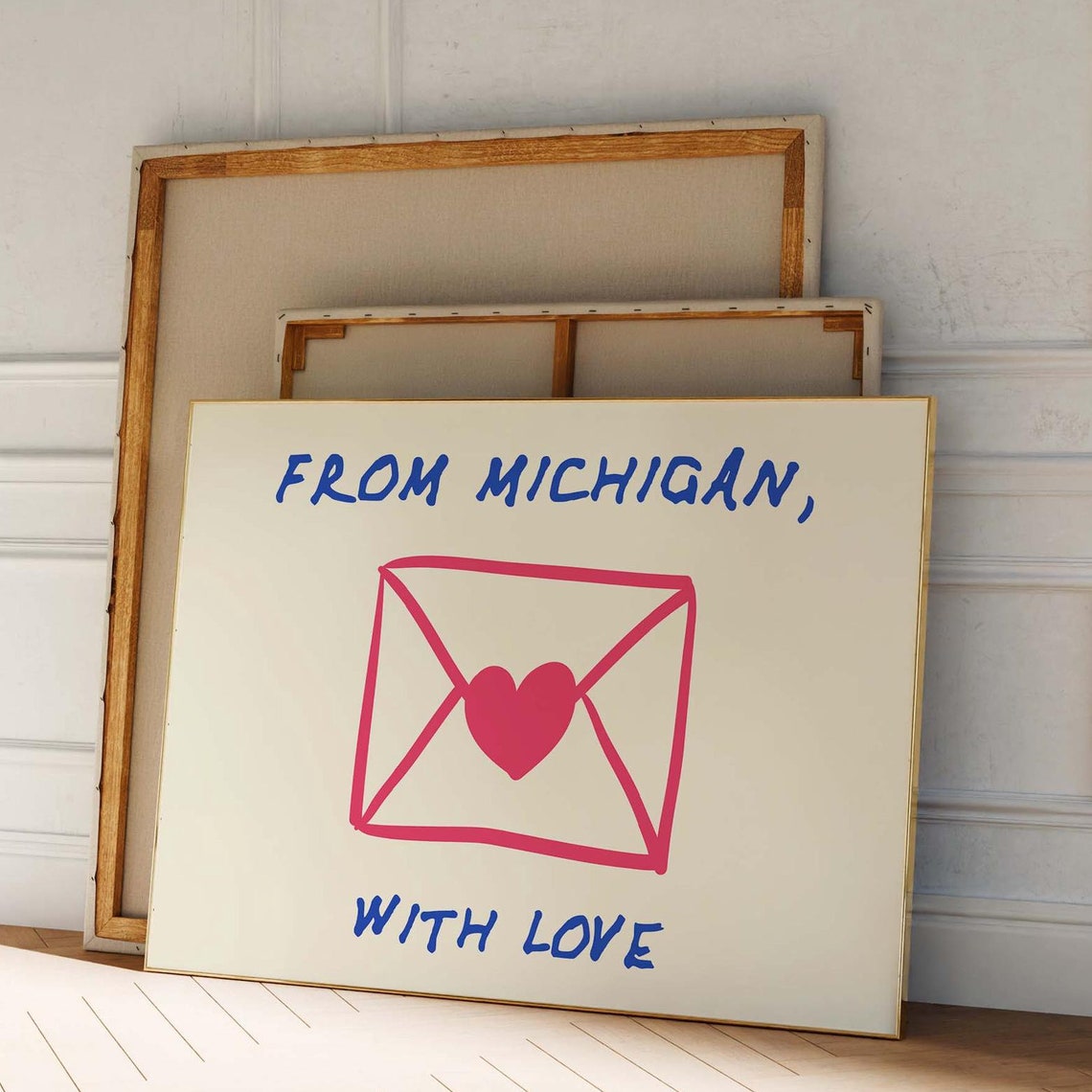 From Michigan With Love Envelope Heart Blue Pink State Poster