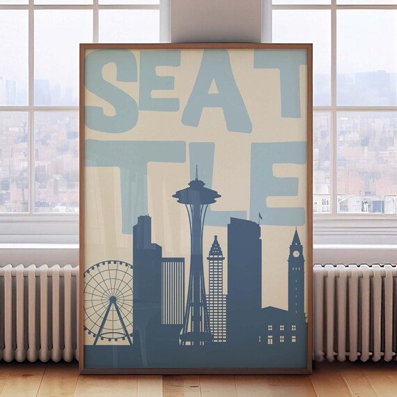 Seattle Skyline with Space Needle Minimalist Blue City Poster