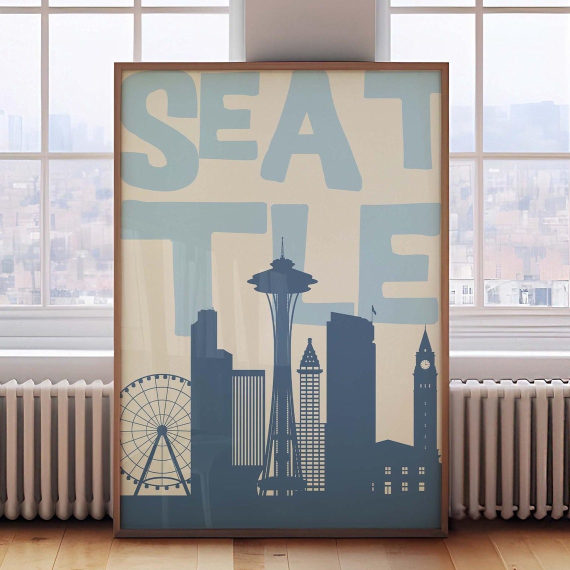Seattle Skyline with Space Needle Minimalist Blue City Poster
