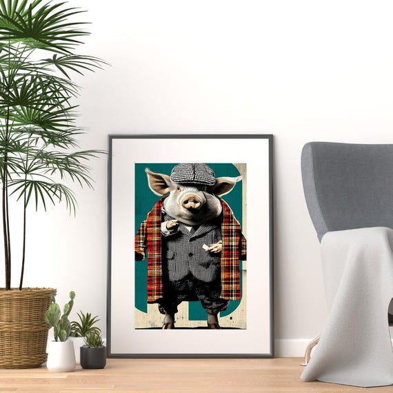 Retro Potbelly Pig Porky Wall Art Sherlockhams Print Cute Creative Instant Home Dcor