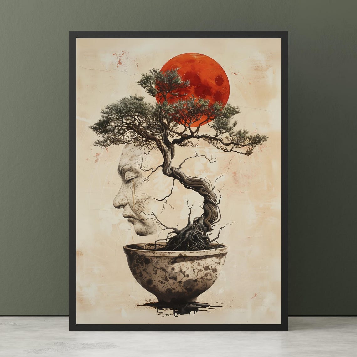 Bonsai Tree with Human Face Profile and Glowing Red Moon Art Poster