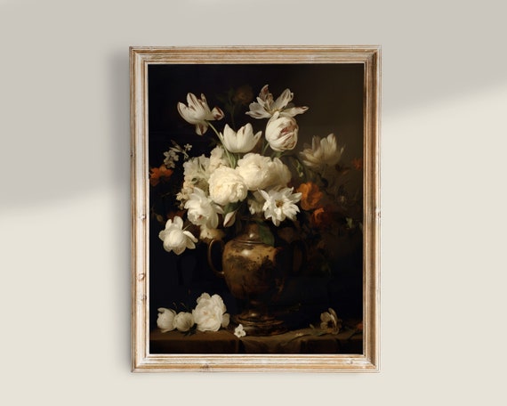 Moody Dark Flowers Painting, Victorian Floral Art