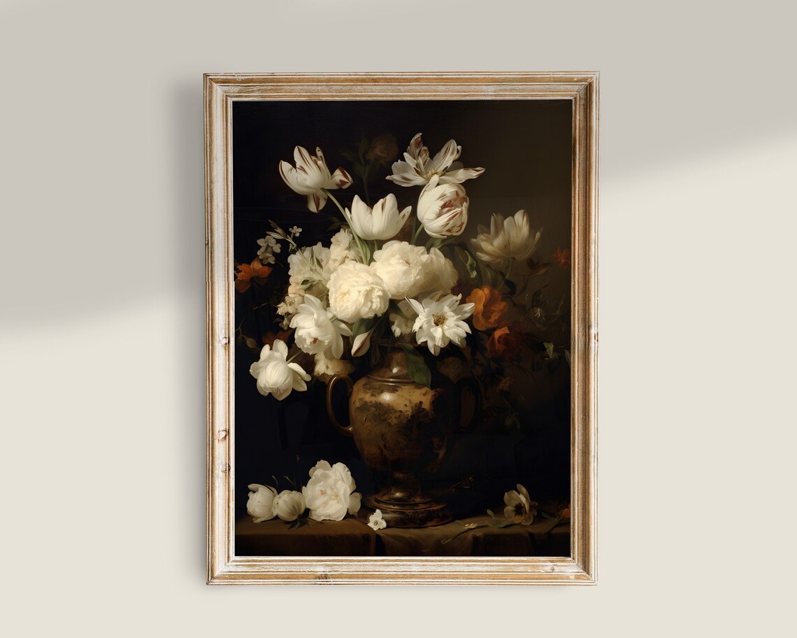 Moody Dark Flowers Painting, Victorian Floral Art