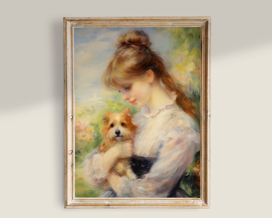 Woman With Puppy Vintage Painting, Light Academia Art Print