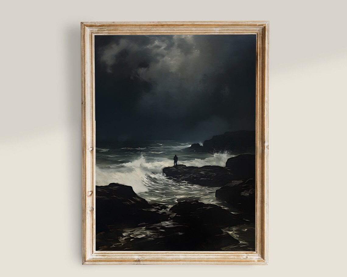 Seascape Vintage Art, Moody Ocean Landscape Print