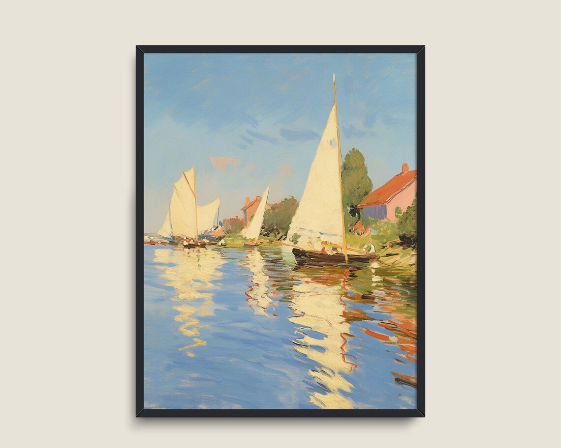 Sailboats River Village Impressionist Sailing Regatta Vintage Art Poster - Image 3