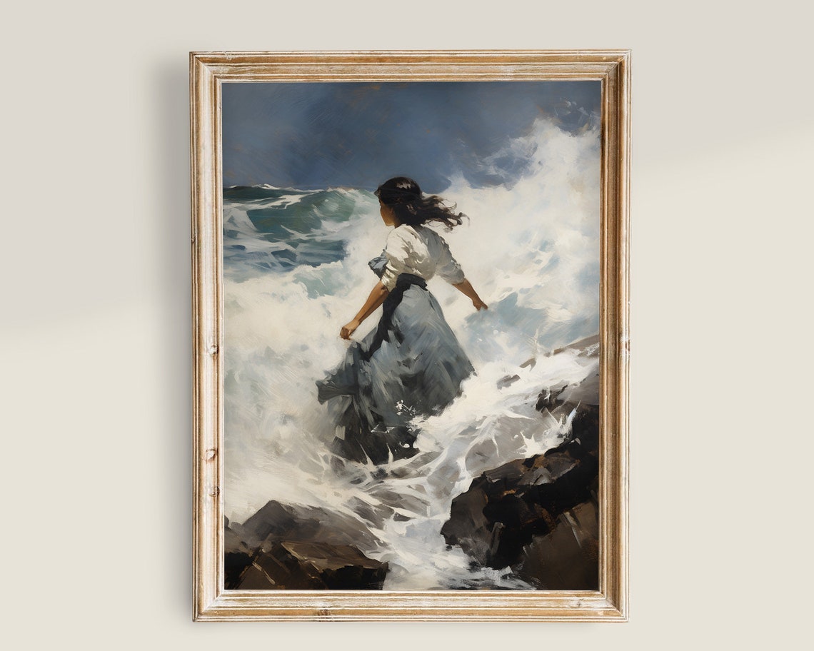 Woman Facing Crashing Ocean Waves Vintage Style Coastal Wall Print