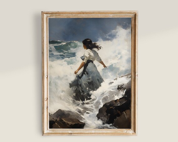 Woman Facing Crashing Ocean Waves Vintage Style Coastal Wall Print