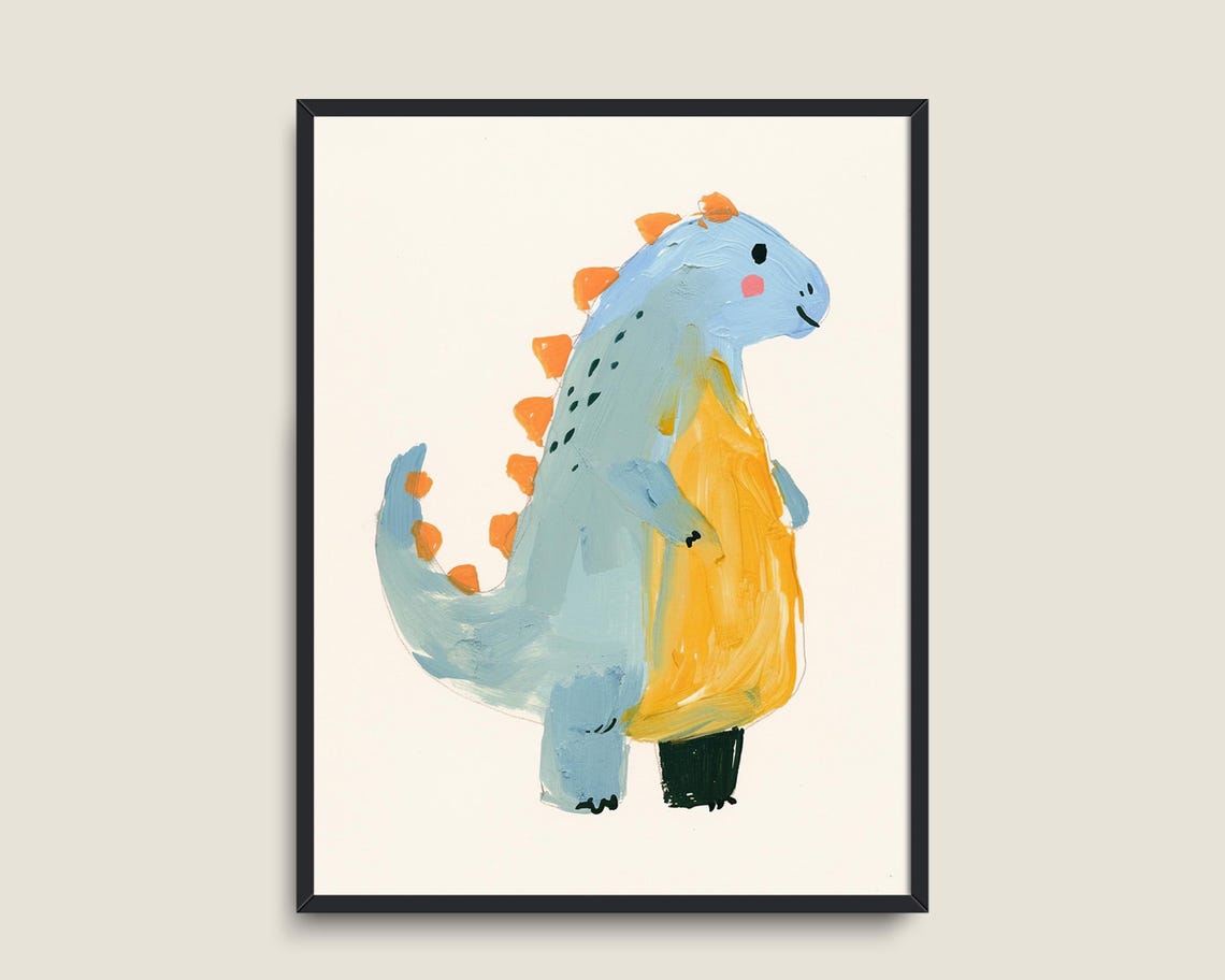 Cute Blue And Yellow Dinosaur Hand Painted Kids Nursery Wall Art - Image 3