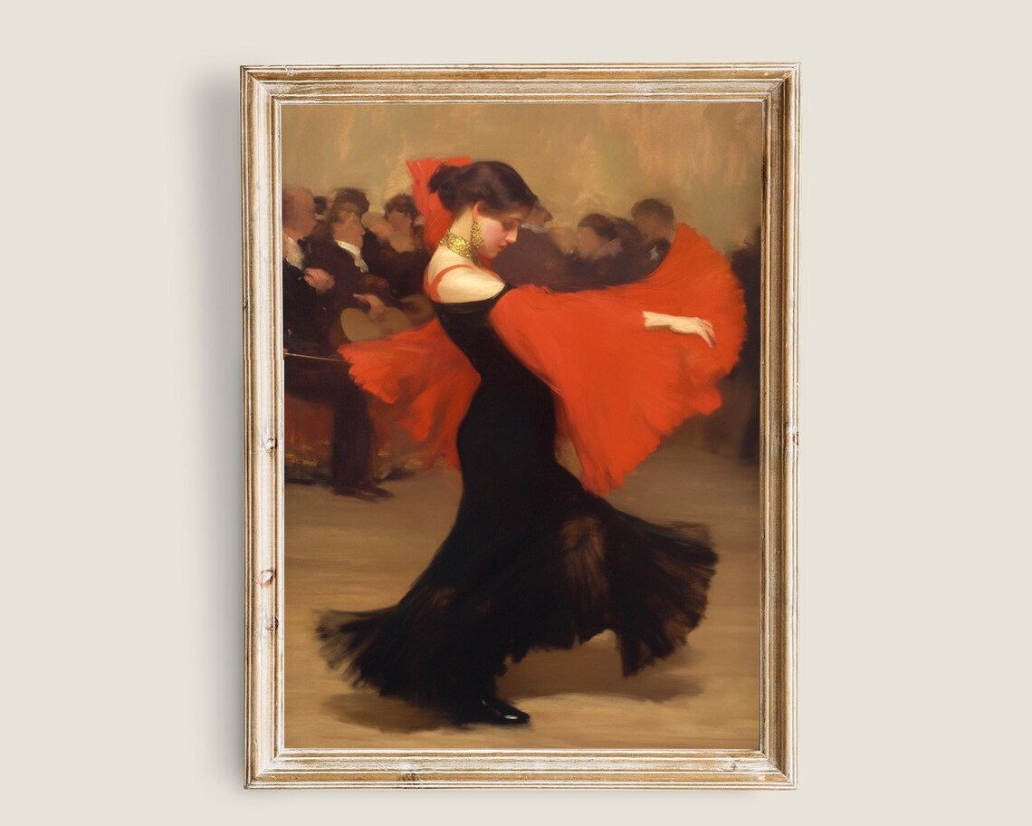 Flamenco Dancer Painting Woman in Red Shawl Dramatic Vintage Portrait Poster