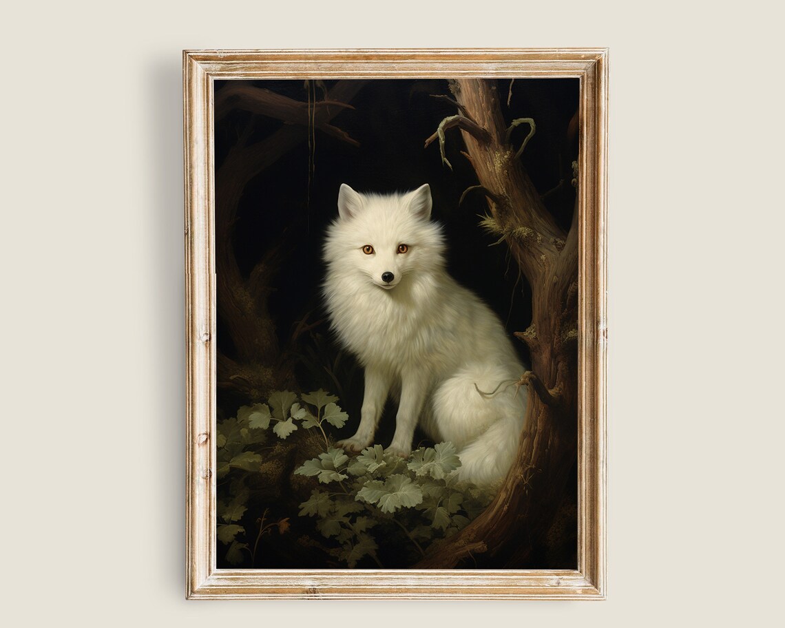 White Arctic Fox Painting, Victorian Animal Decor