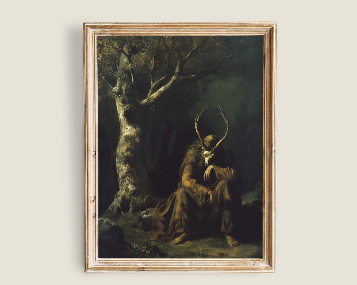 Horned Forest Guardian Sitting Under Ancient Tree Dark Fantasy Poster