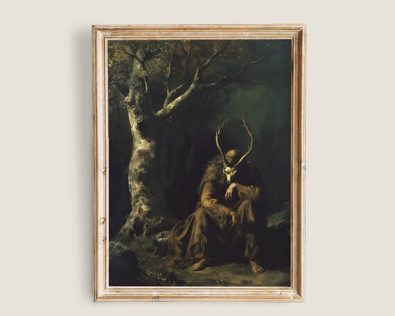 Horned Forest Guardian Sitting Under Ancient Tree Dark Fantasy Poster