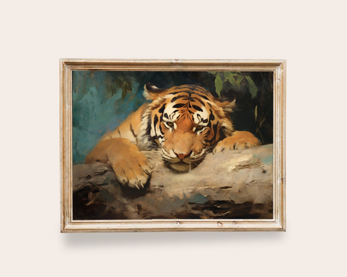 Resting Bengal Tiger Close Up Jungle Vintage Big Cat Painting Poster