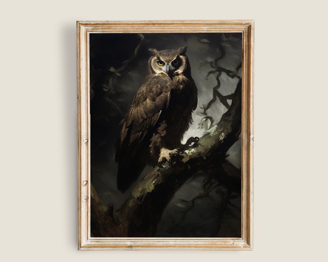 Vintage Owl Painting, Dark Academia Wall Art