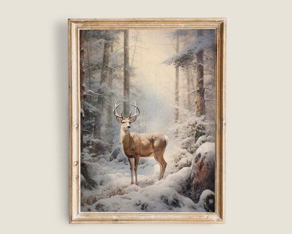 Deer Elk Painting Vintage Art Art Vintage Animal Art Moody Dark Academia Decor Winter Forest Wall Art