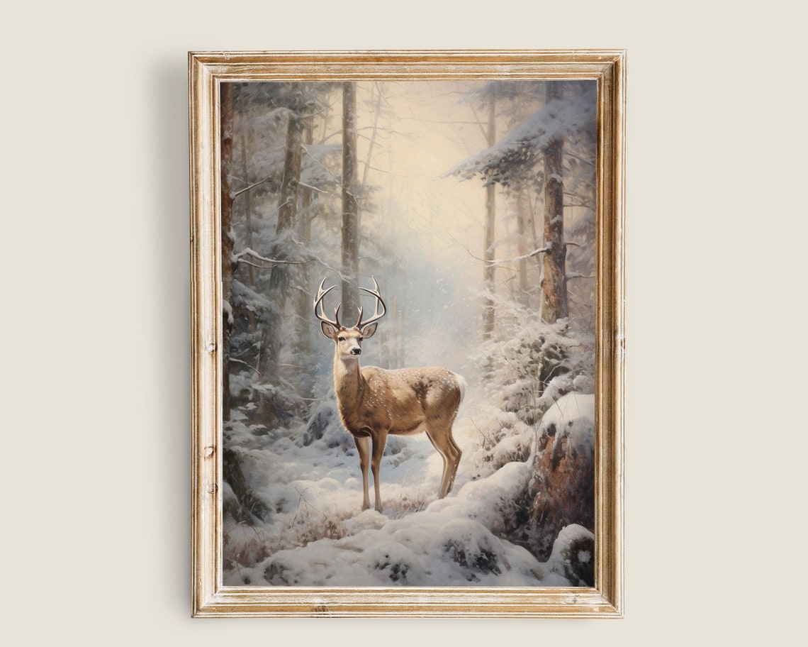 Deer Snowy Winter Forest Misty Vintage Christmas Wildlife Wall Art