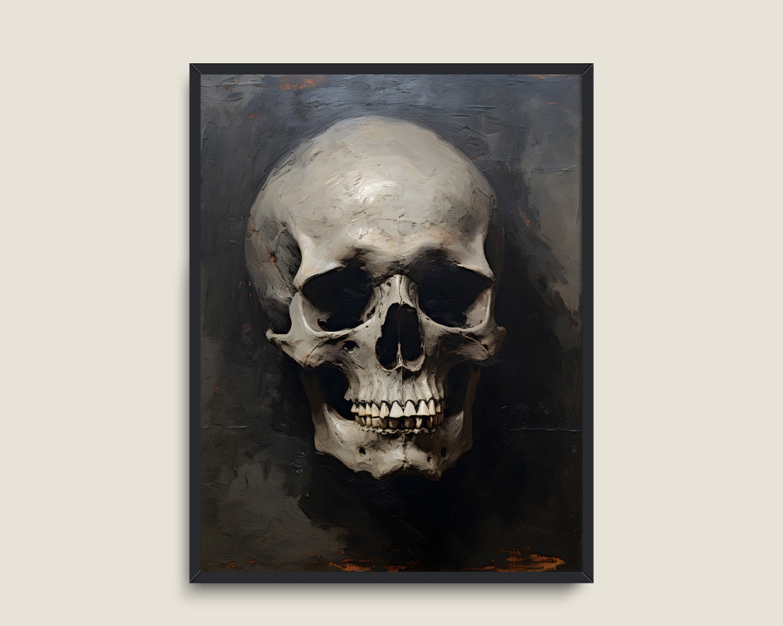 Human Skull Study On Dark Background Gothic Vintage Art Poster - Image 3