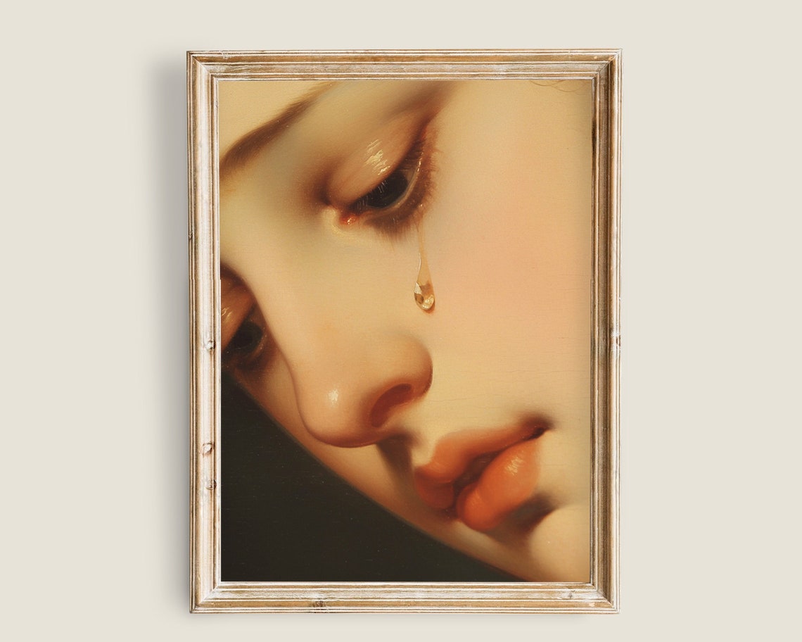 Woman With Pearl Tear Close Up Romantic Vintage Portrait Wall Art