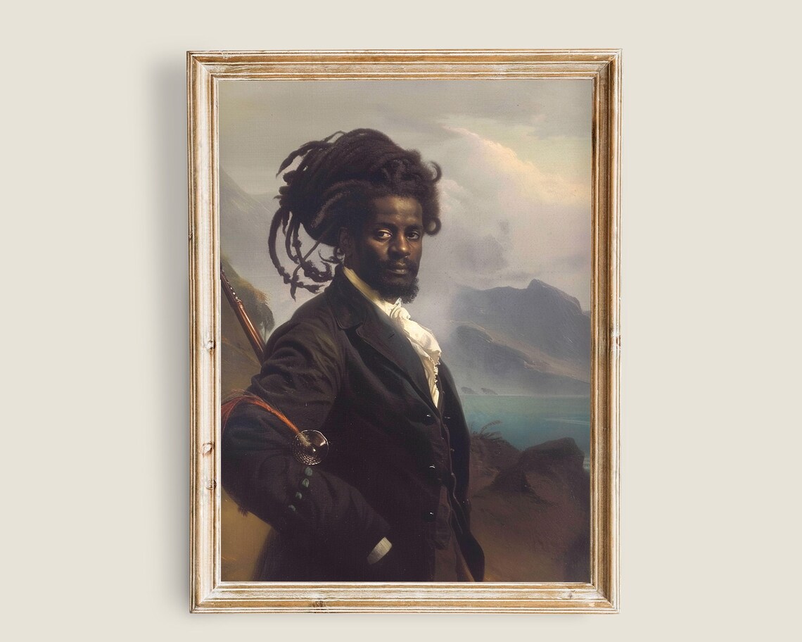 Black Victorian Man Portrait Rifle Coastal Mountain Vintage Wall Art