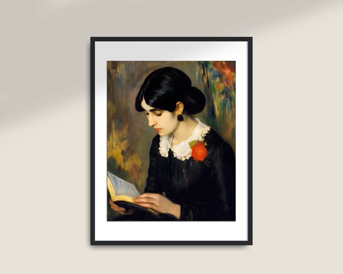 Woman Reading Book White Lace Collar Vintage Impressionist Poster - Image 2