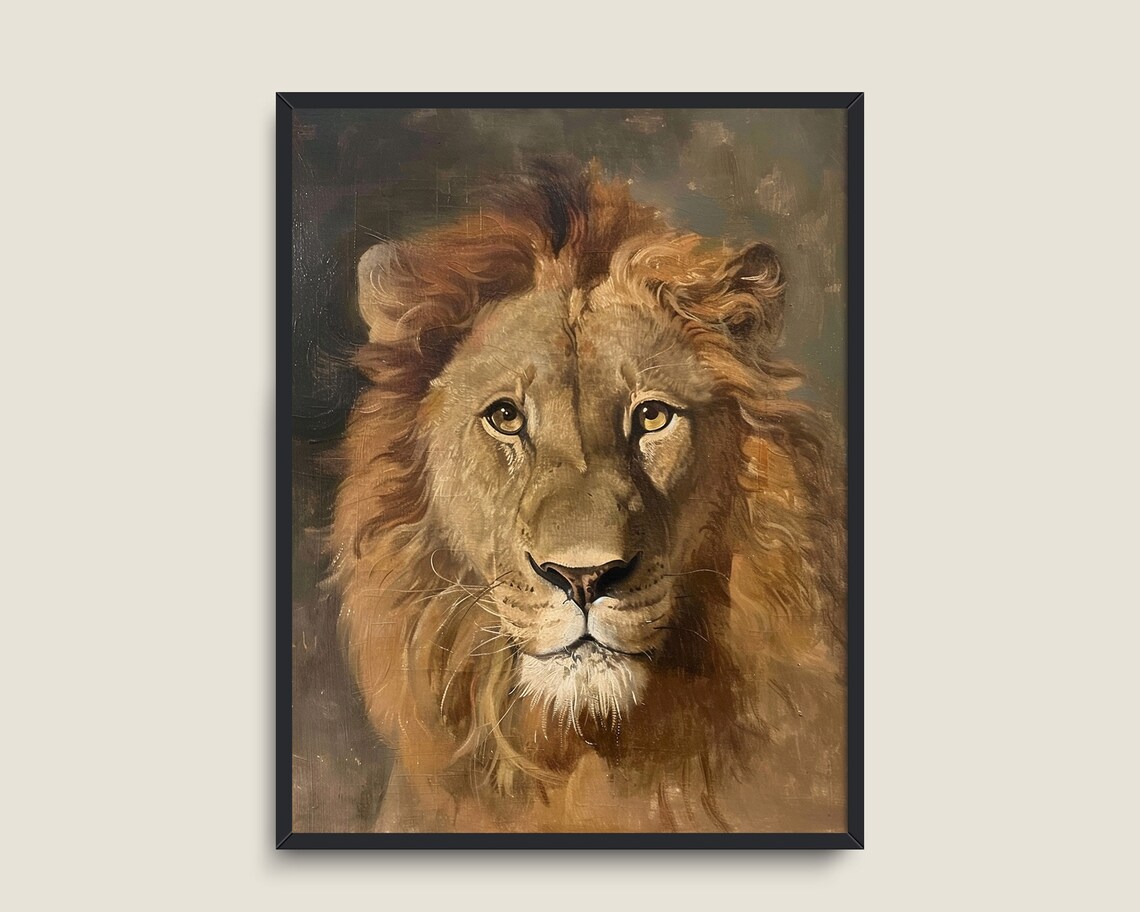 Majestic Lion Portrait Vintage Oil Painting Golden Mane Wall Print - Image 3