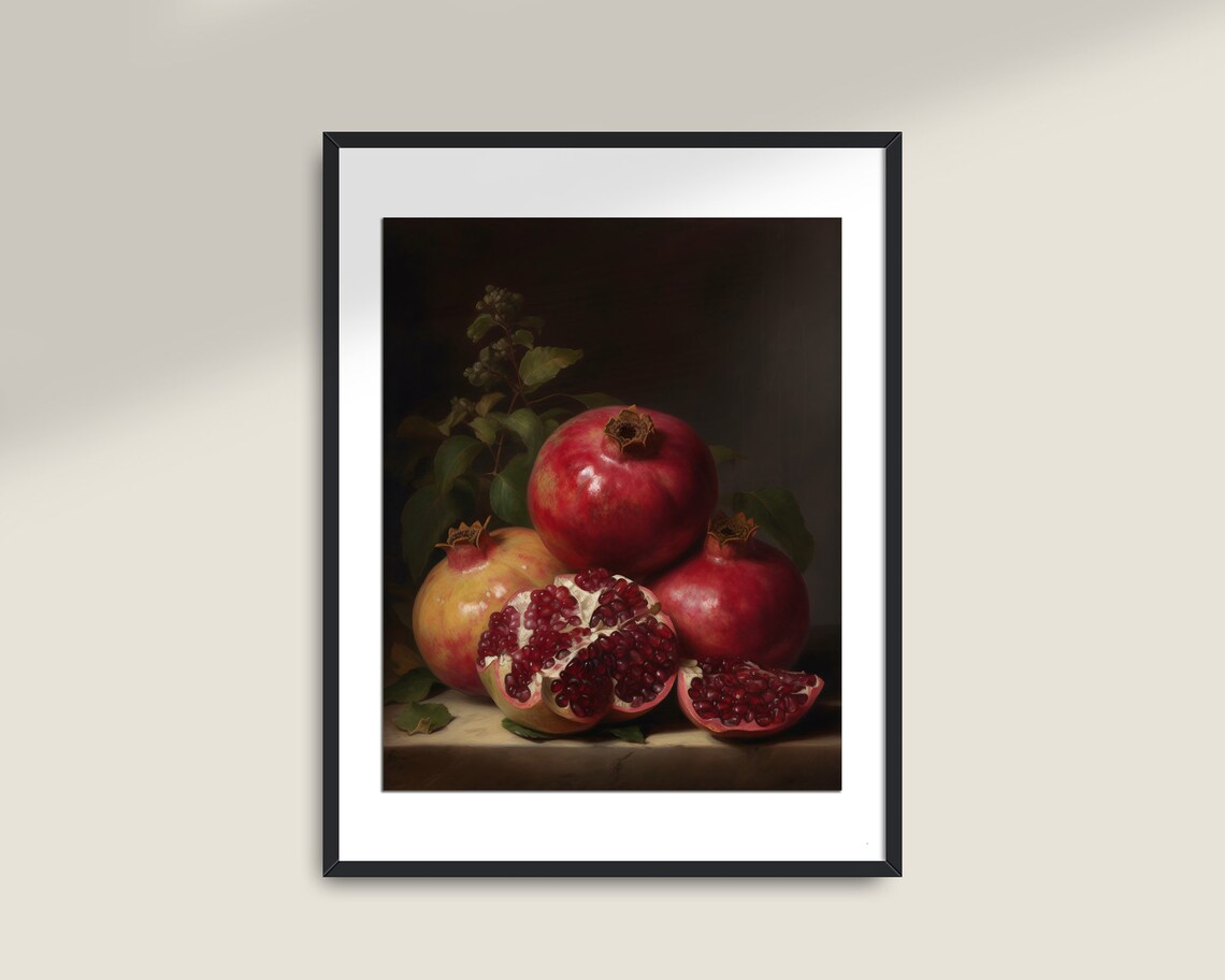 Vintage Kitchen Still Life Pomegranate Art, Farmhouse