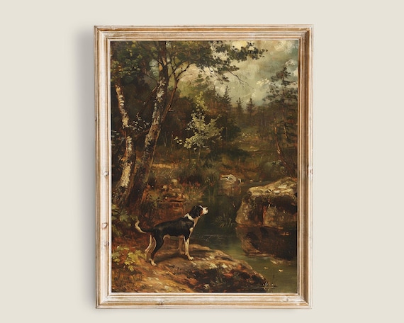 Hunting Dog Vintage Art Art Vintage Dog Animal Art Moody Dark Academia Decor Dark Forest Wall Art