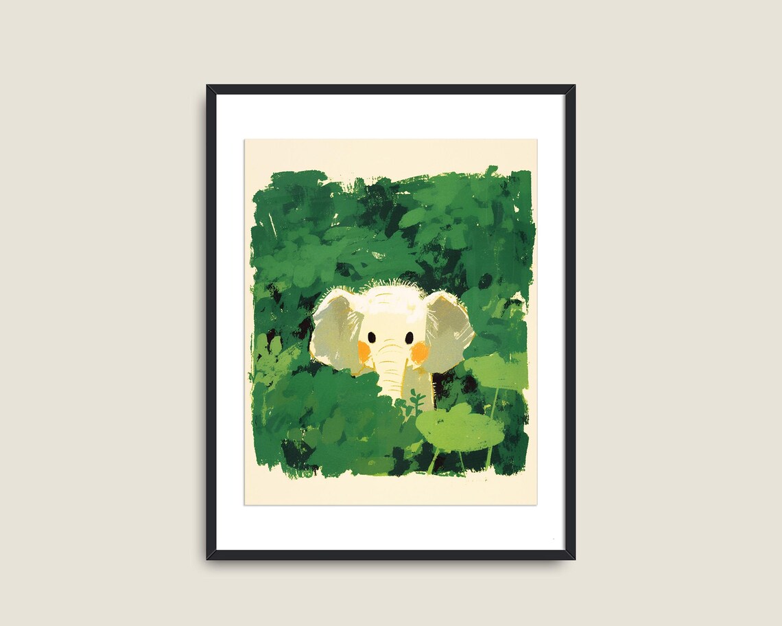 Cute Baby Elephant in Jungle Green Kids Nursery Painting Poster - Image 2