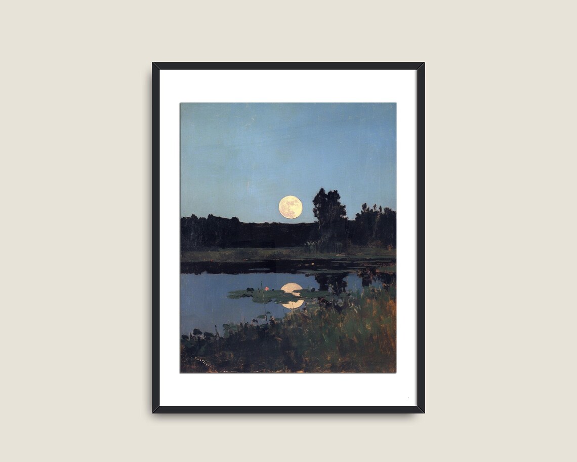 Full Moon Rising Over Dark Lake Night Landscape Vintage Wall Art - Image 2