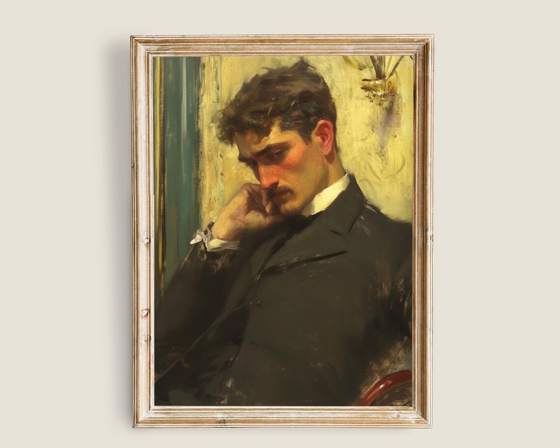 Moody Vintage Gentleman Portrait Dark Academia Oil Painting Poster