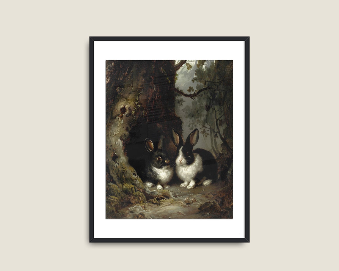 Two Rabbits Resting In Hollow Tree Trunk Dark Forest Vintage Print - Image 2