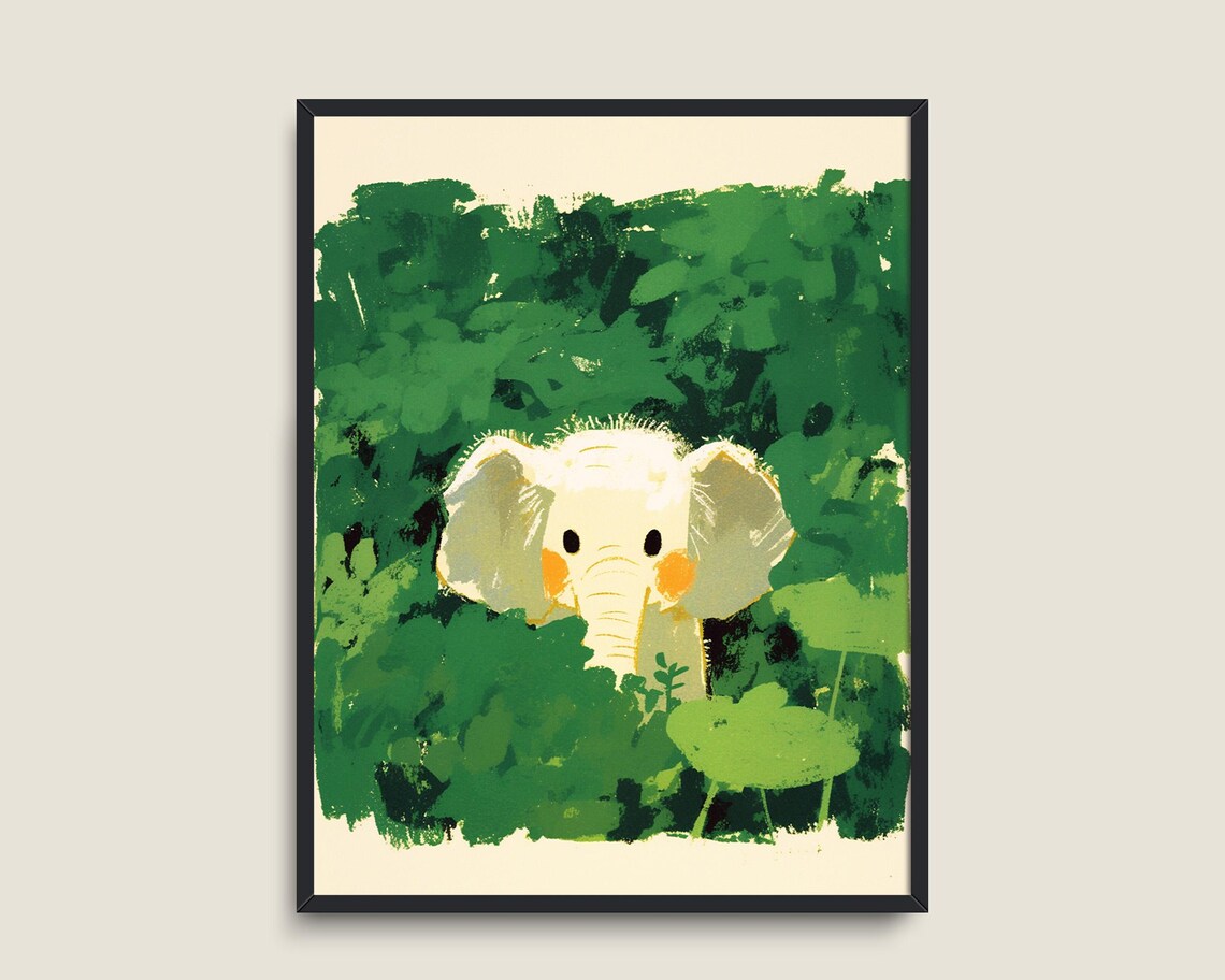 Cute Baby Elephant in Jungle Green Kids Nursery Painting Poster - Image 3