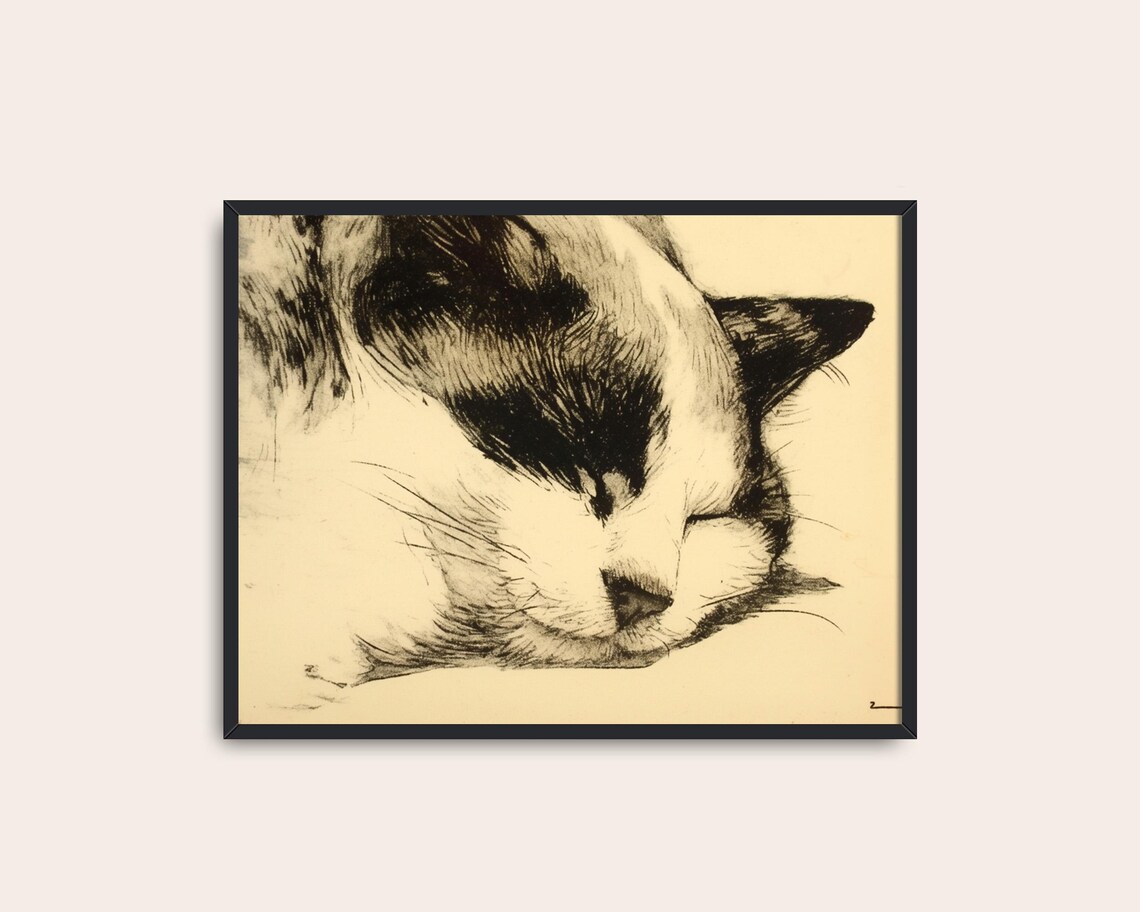 Sleeping Cat Vintage Ink Sketch Peaceful Black Cream Minimalist Animal Art - Image 3