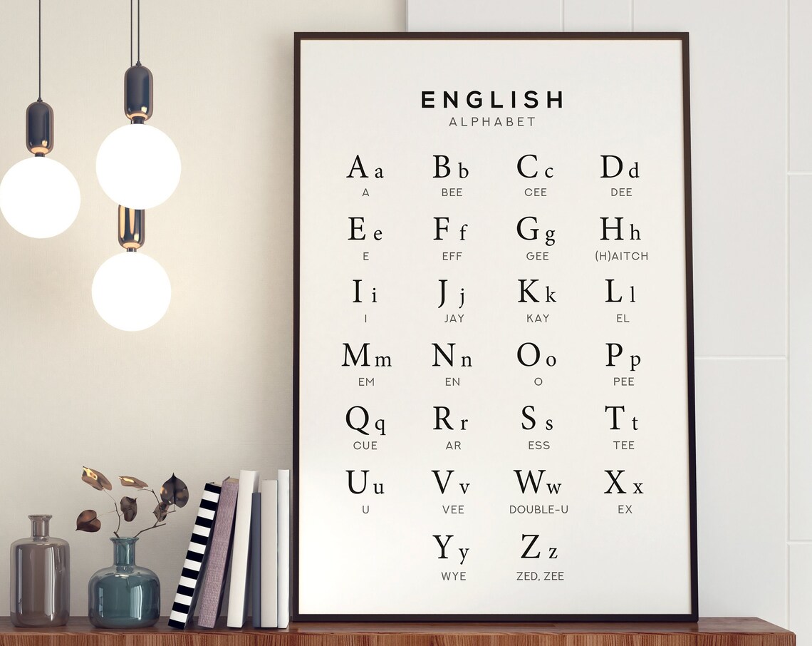 English Alphabet Art Print, Black White Nursery Decor