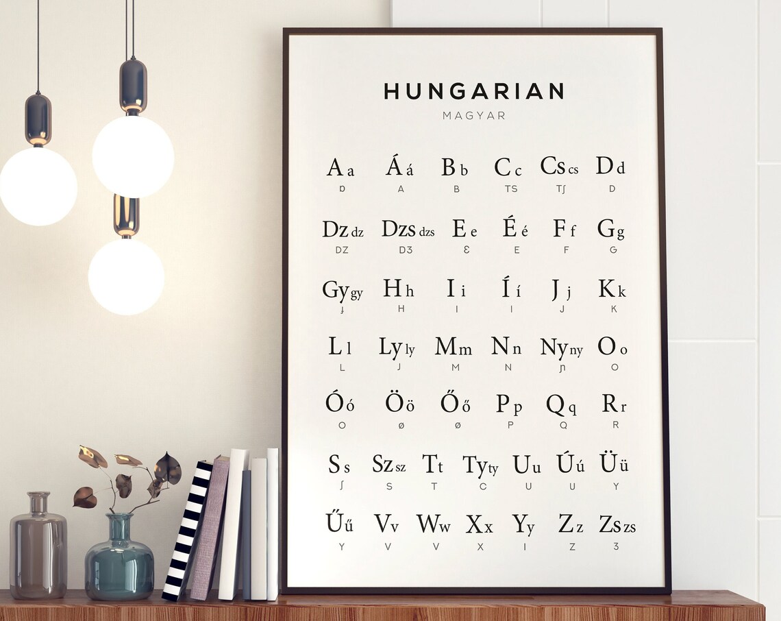 Hungarian Alphabet Art Magyar Poster, Black White