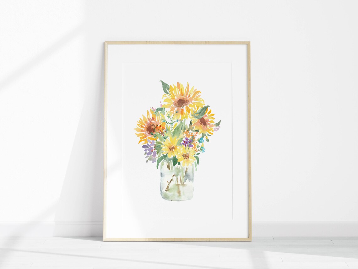 Sunflower Bouquet Watercolor Floral Vase Art Print - Image 3