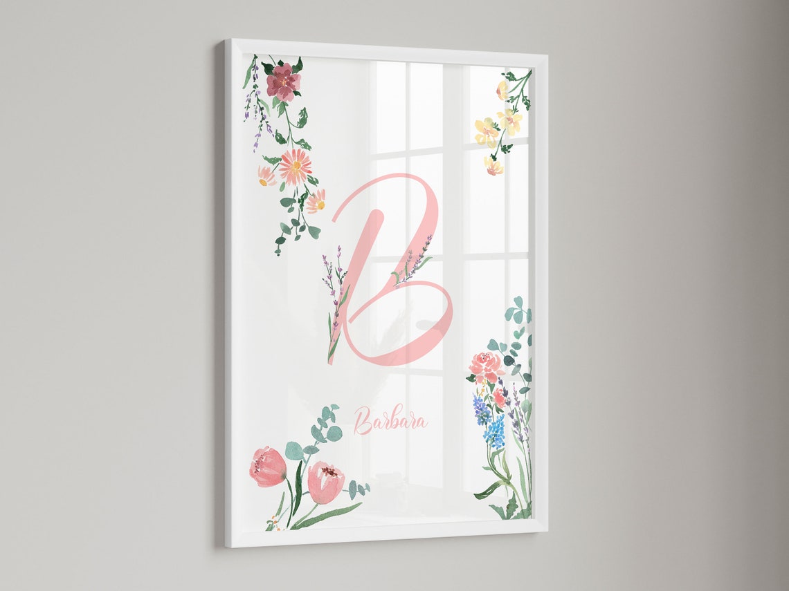 Personalized Floral Initial Name Nursery Watercolor Art Print - Image 2