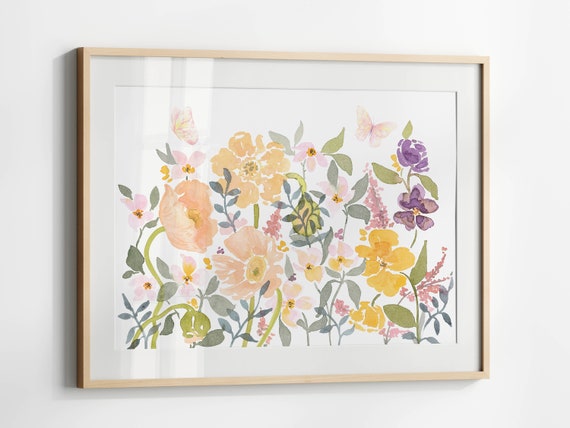 Horizontal Wildflower Watercolor Print Floral Wall Art Wildflowers With Butterflies
