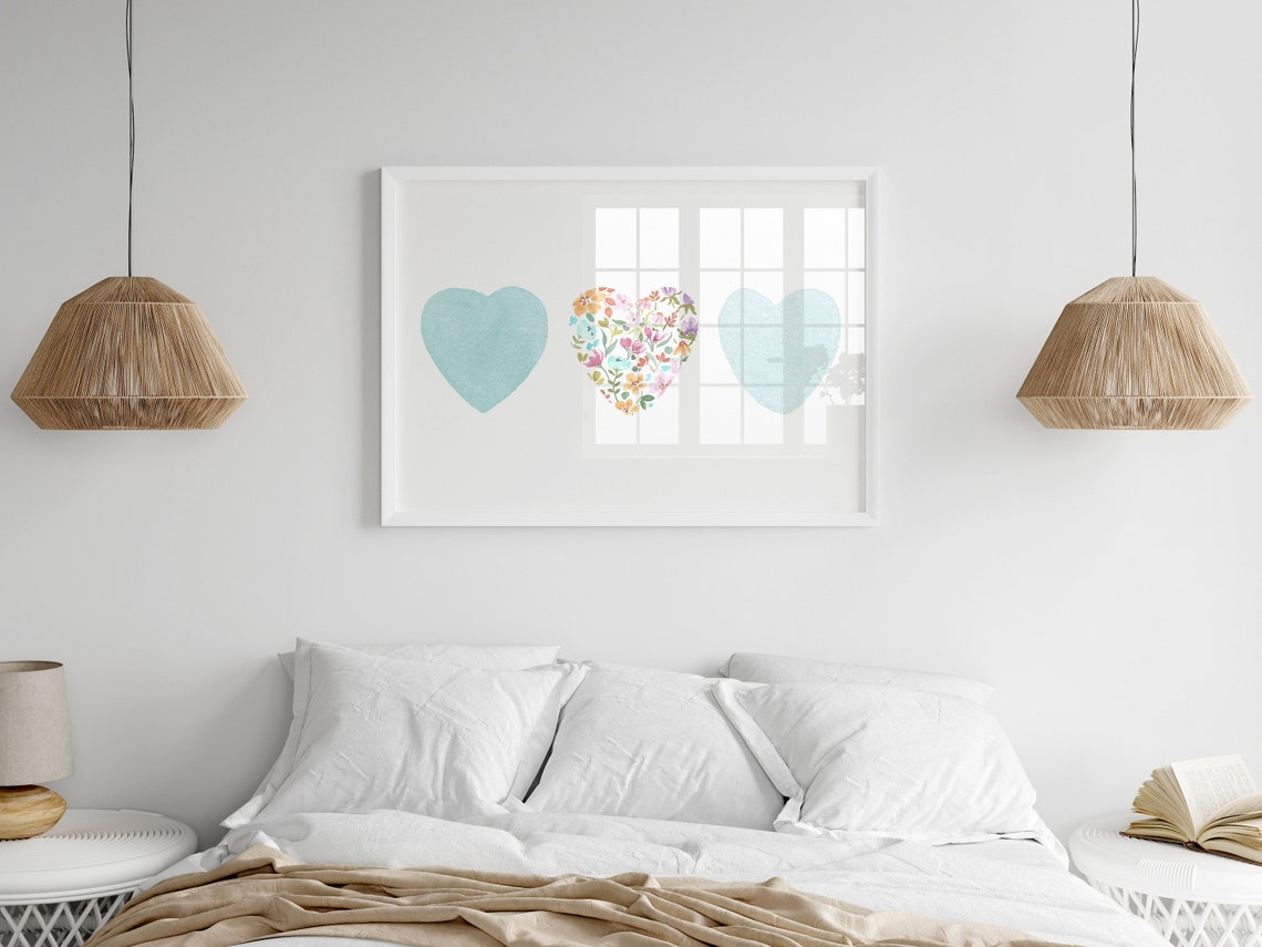 Blue Hearts Poster Watercolor Floral Mosaic Heart Trio Nursery Decor - Image 2