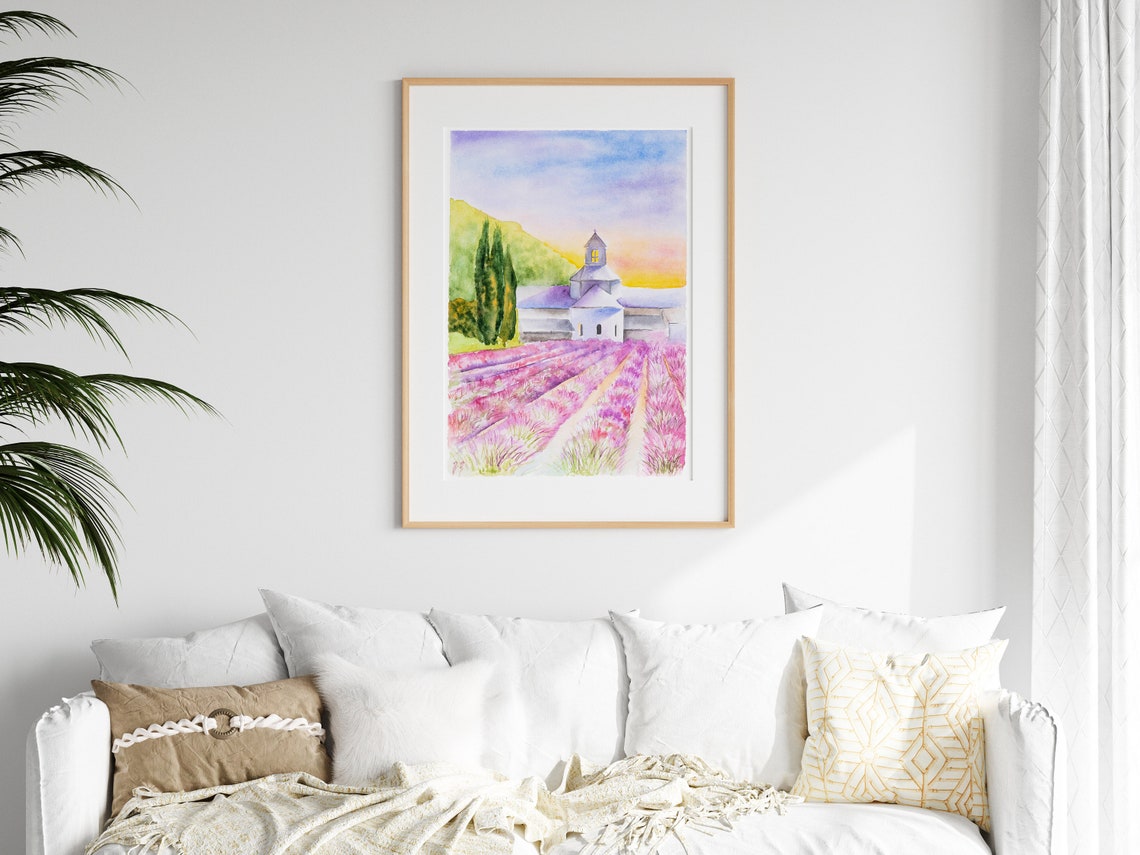 Provence Lavender Field with Church at Sunset Watercolor Poster - Image 3