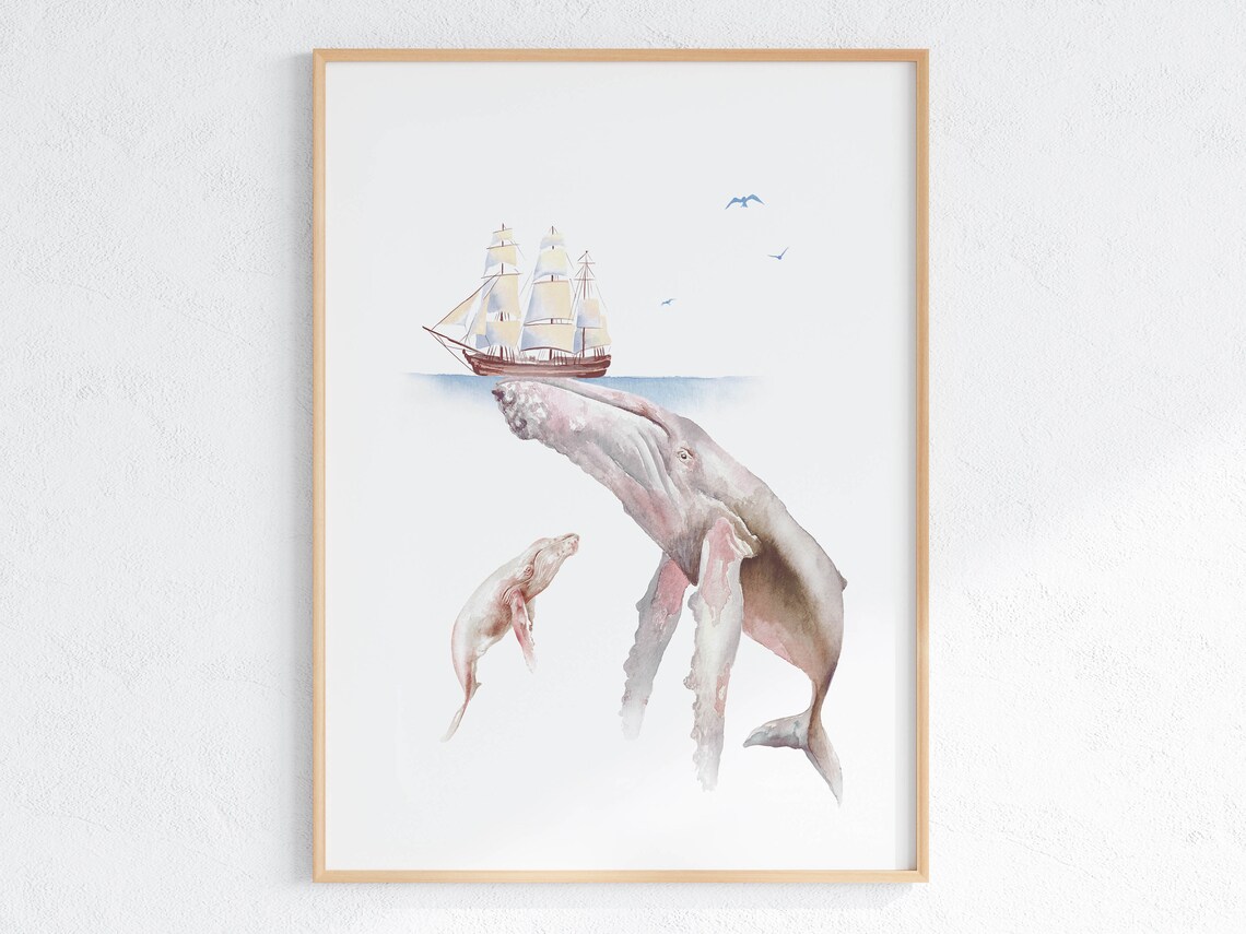 Whale Mom And Baby Watercolor Nursery Art Print