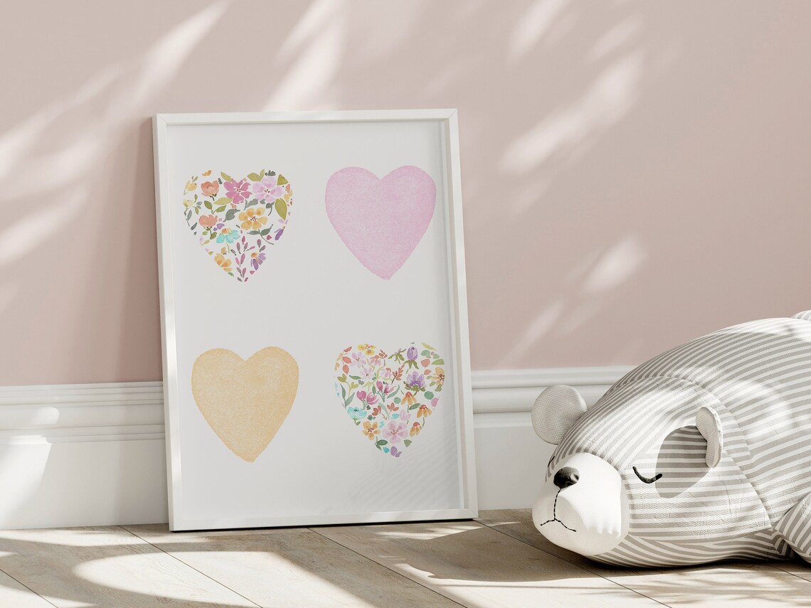 Floral Hearts Watercolor Art Print, Boho Girls Room - Image 2