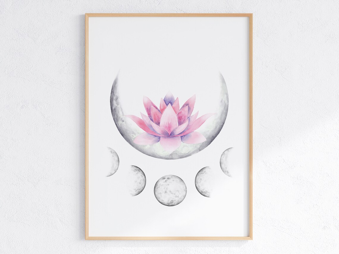 Purple Lotus Flower With Moon Phases Art Print