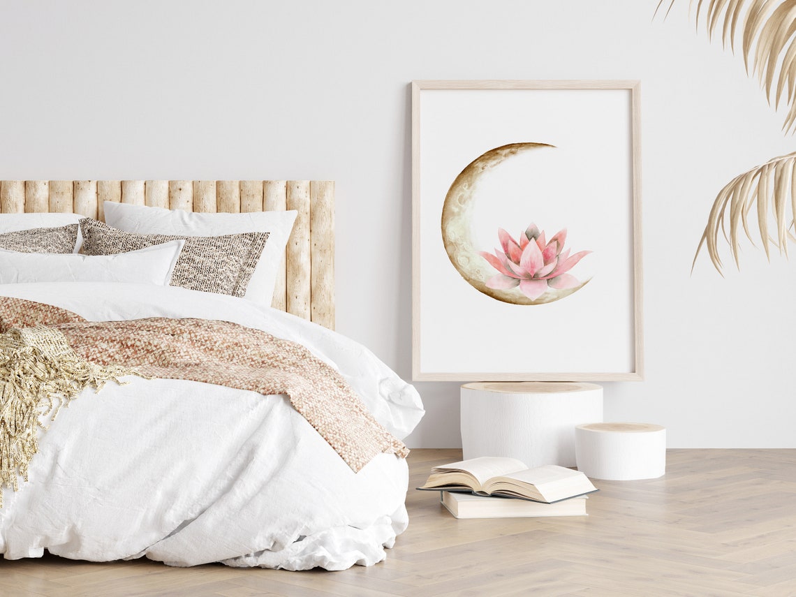 Crescent Moon Lotus Poster Pink Watercolor Zen Meditation Floral Art - Image 2