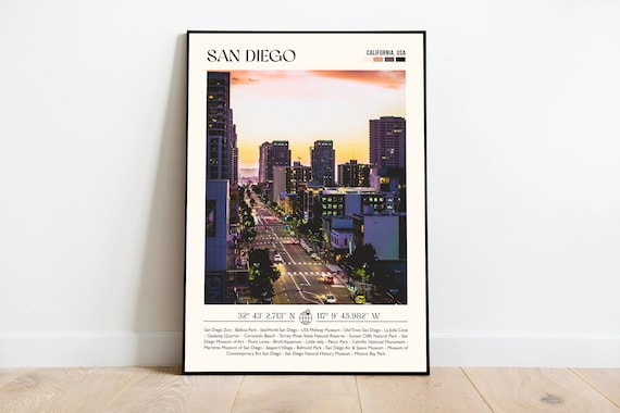 San Diego California Sunset Skyline Photo Travel Poster With Attractions List